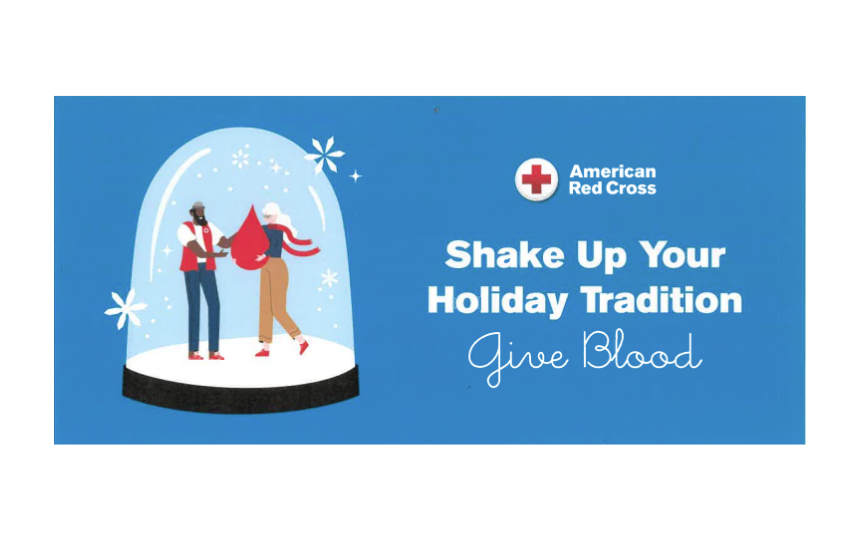 Two people in a snow globe holding a large drop of blood to promote American Red Cross Blood Drive