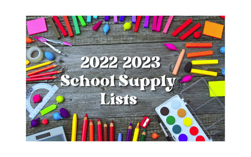 2022-2023 School Supply Lists with colorful supplies in the background