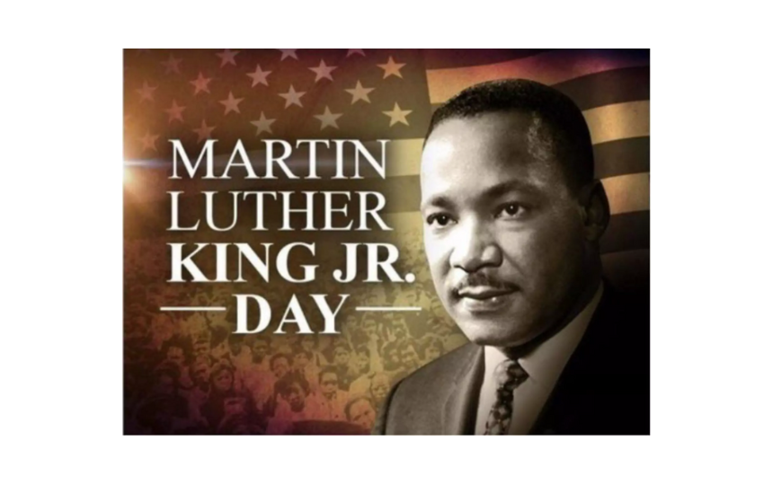 Martin Luther King Jr Day with a picture of MLK Jr with a flag and a crowd of people in the background