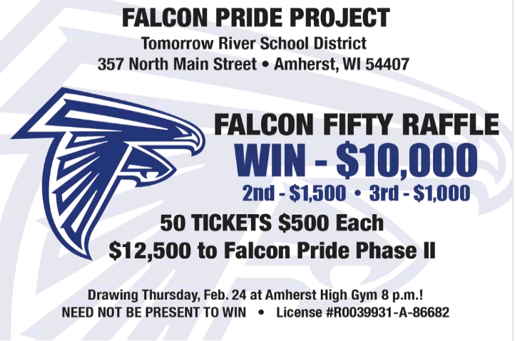 Falcon Fifty Raffle Ticket with blue writing and blue falcon