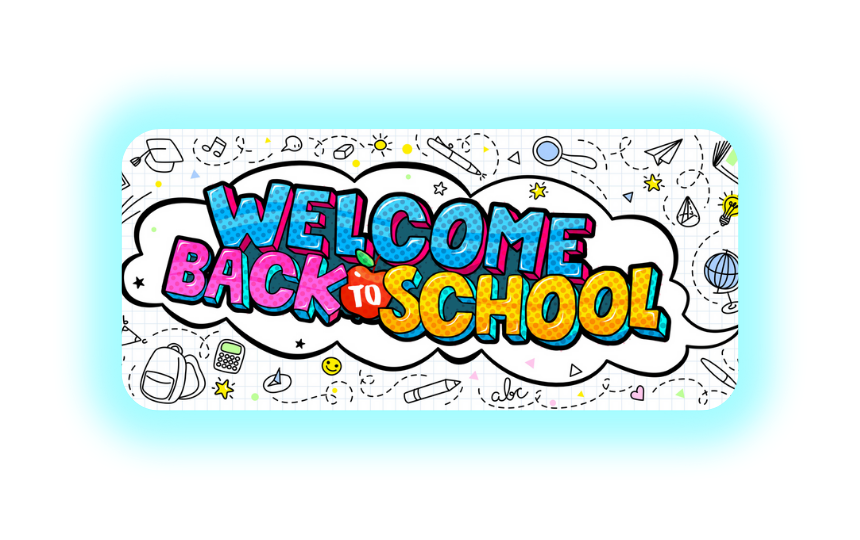 Colorful back to school message in a cloud with school items surrounding