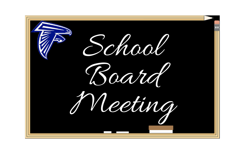 Blackboard with School Board Meeting written on it with a Falcon  in the top left corner