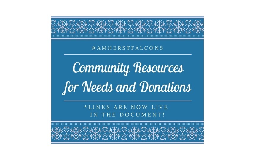 Blue Square with the text Community Resources for Needs and Donations