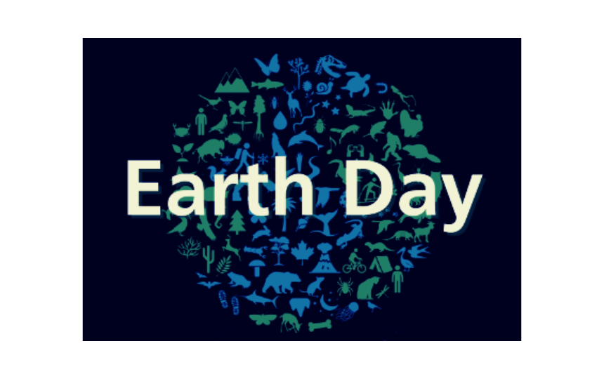 Earth Day with the world and animal shapes making up the blue and green of the land and sea