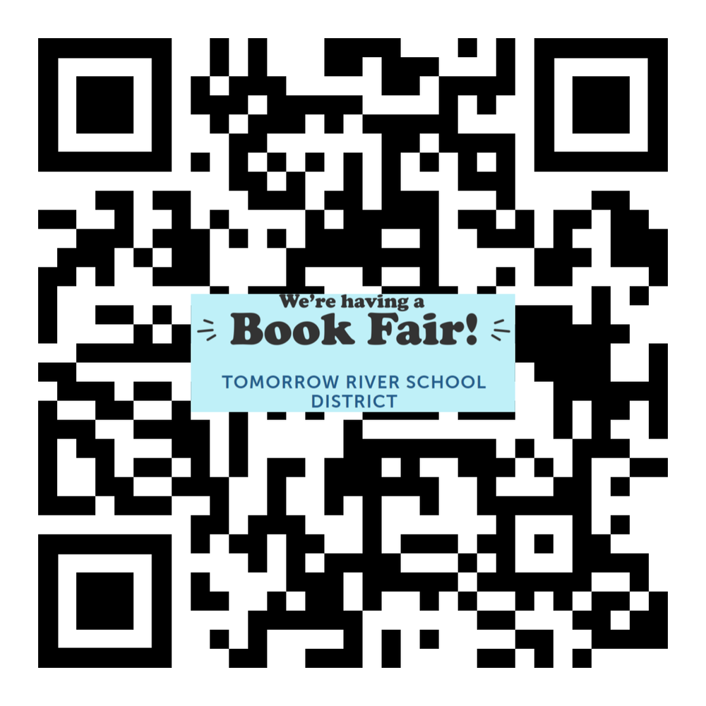 QR Code with "We're having a Book Fair! Tomorrow River School District" Written in a blue text box