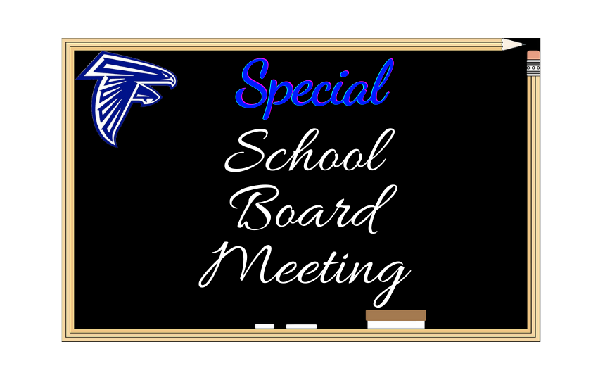Blackboard with special School Board Meeting written on it with a Falcon  in the top left corner