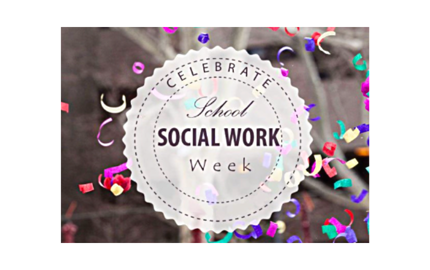 School Social Work Week with colorful ribbons behind a cut out badge 