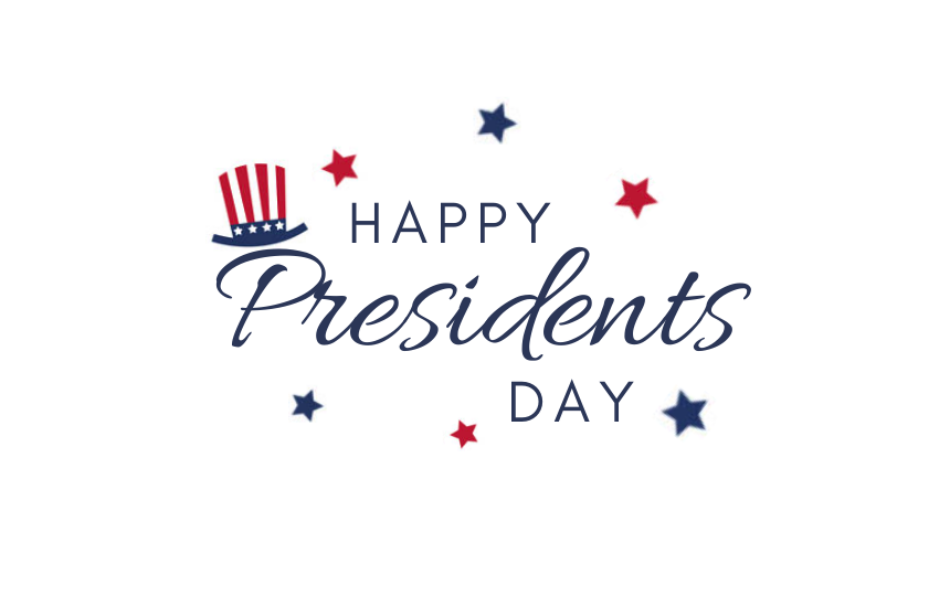 Happy President's Day with red and blue stars surrounding it and a top hat with red white and blue