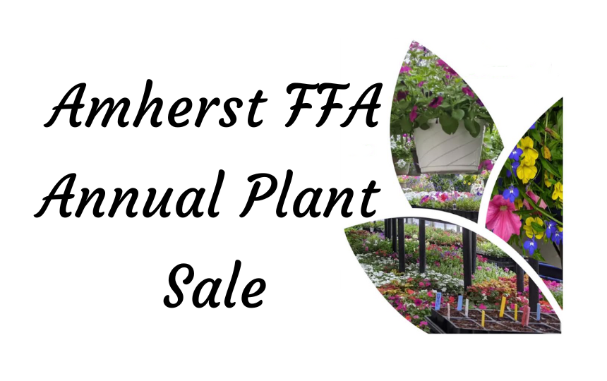 Amherst FFA Plant Sale with 3 leaves and pictures of the greenhouse in the leaves 