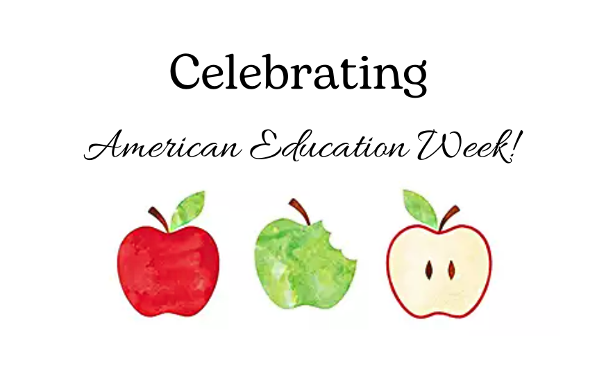 Whole Red Apple, Bite taken out of a green apple and a half if a red apple with the words Celebrating American Education Week
