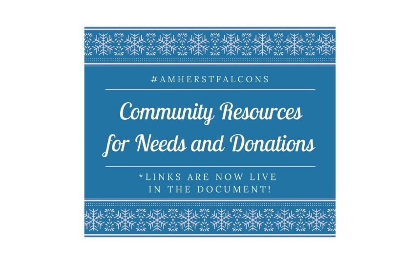 Blue Square with the text Community Resources for Needs and Donations