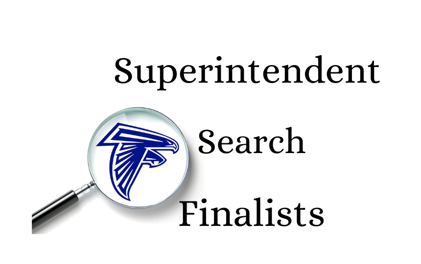 Superintendent Search Finalists with magnifying glass over Falcon