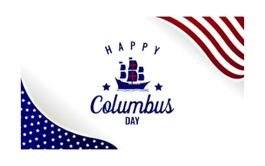 Happy Columbus Day with A boat and white stars on a blue background on the bottom left corner and red stripes on the top right corner
